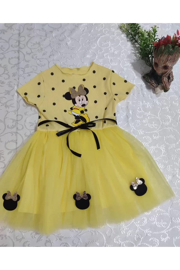 Luz&Pos 2-3-4 Yaş Puantiyeli Mickey Baskılı Kurdela Kuşaklı Astarlı Kız Bebek Tütü Elbisesi Sarı