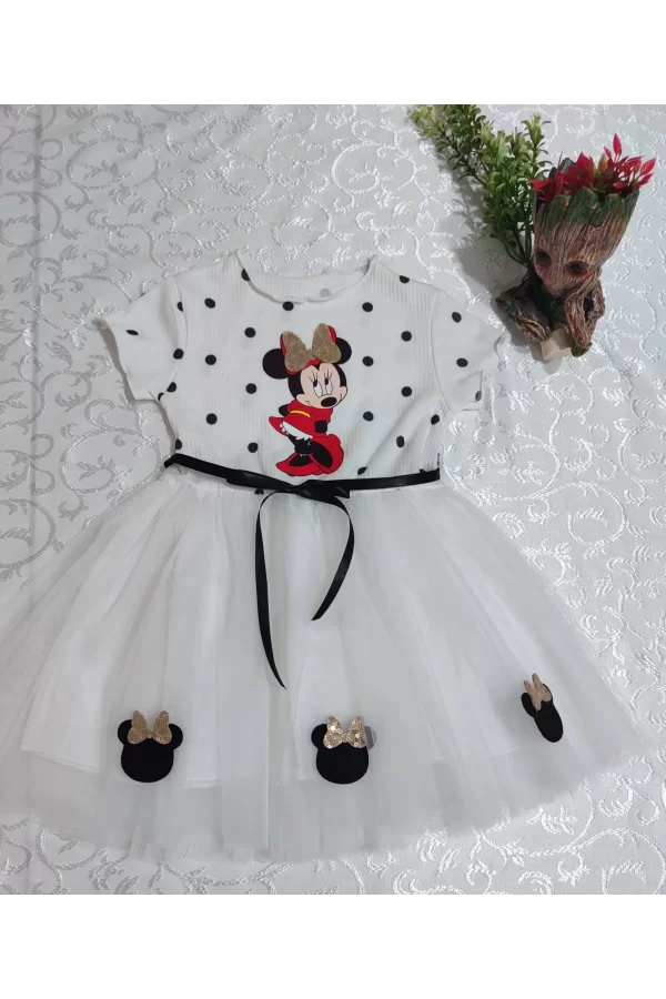 Luz&Pos 2-3-4 Yaş Puantiyeli Mickey Baskılı Kurdela Kuşaklı Astarlı Kız Bebek Tütü Elbisesi Beyaz