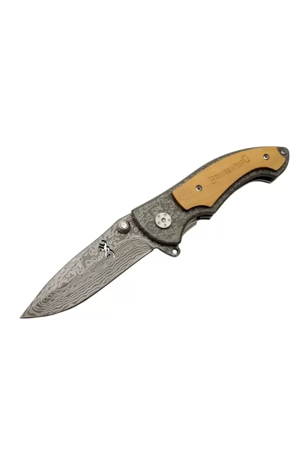 2-31 Damascus Kamp Çakı 19,5cm - Yarı Otomatik, Kemerlikli, Ahşap Metal Sap