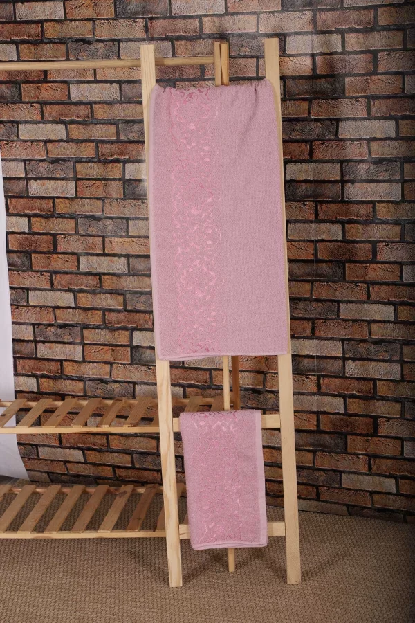 2 Parça &#37;100 Pamuklu Banyo Havlu Seti Sultan Pembe