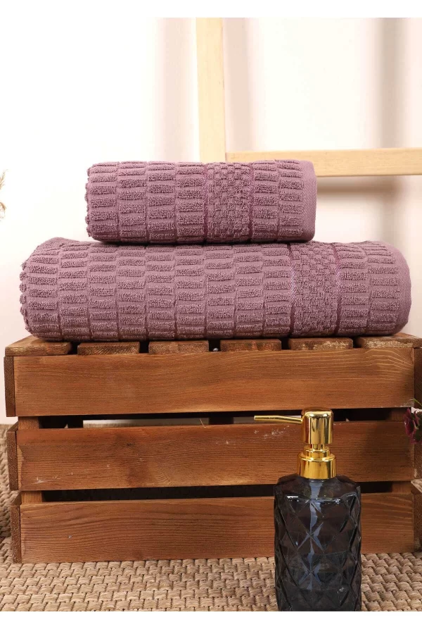 2 Parça Banyo Havlu Takımı &#37;100 Pamuklu Çubuk Desen Mor