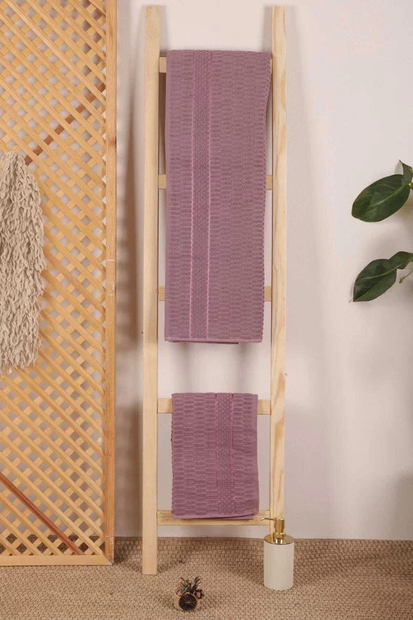 2 Parça Banyo Havlu Takımı &#37;100 Pamuklu Çubuk Desen Mor