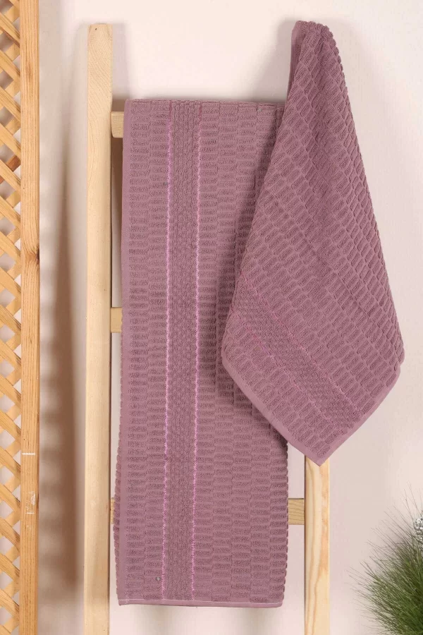 2 Parça Banyo Havlu Takımı &#37;100 Pamuklu Çubuk Desen Mor