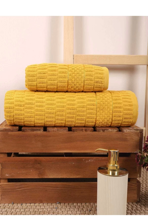 2 Parça Banyo Havlu Takımı &#37;100 Pamuklu Çubuk Desen Sarı