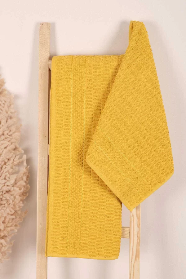 2 Parça Banyo Havlu Takımı &#37;100 Pamuklu Çubuk Desen Sarı