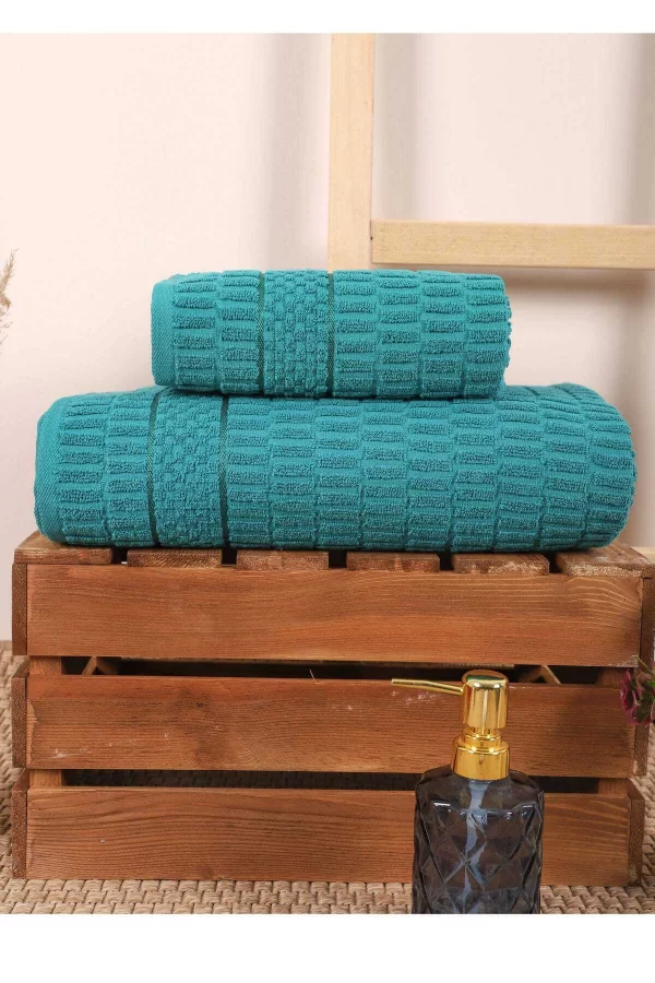 2 Parça Banyo Havlu Takımı &#37;100 Pamuklu Çubuk Desen Yeşil