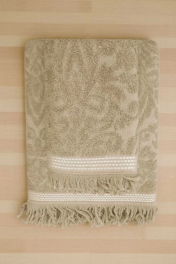 2 Parça Jakarlı Banyo Havlu Takımı &#37;100 Pamuklu 90x150 Cm Arden Bej