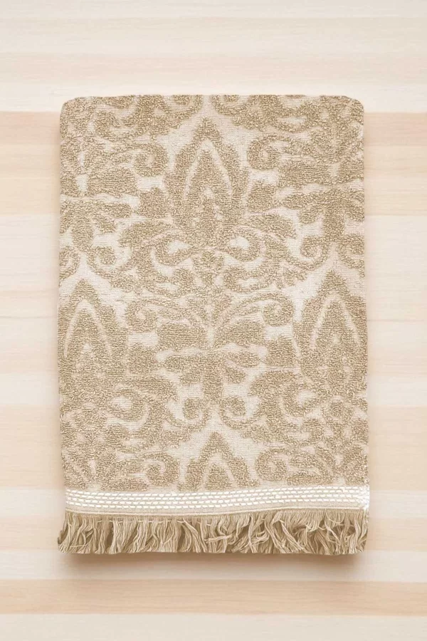 2 Parça Jakarlı Banyo Havlu Takımı &#37;100 Pamuklu 90x150 Cm Arden Bej