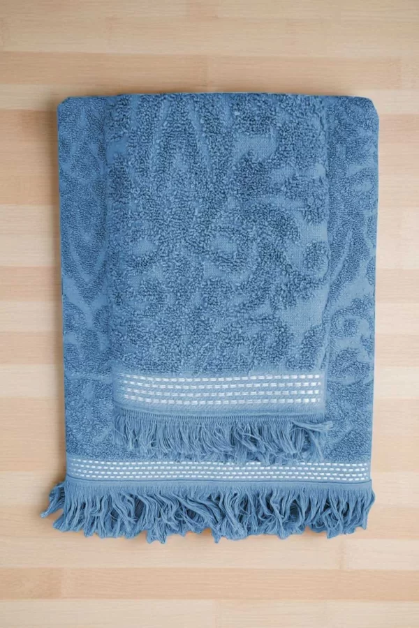 2 Parça Jakarlı Banyo Havlu Takımı &#37;100 Pamuklu 90x150 Cm Arden Mavi
