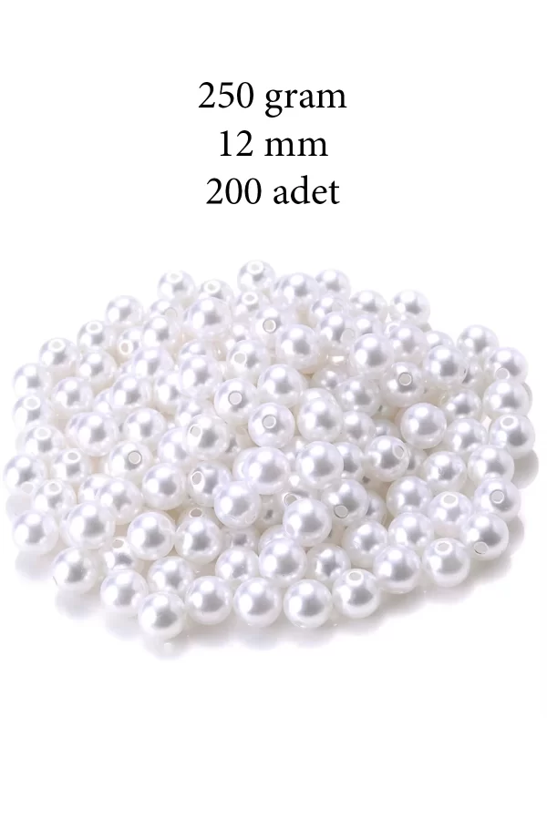 250 gram 12mm Beyaz Renk Plastik İnci Boncuk Çanta ve Takı Yapım Boncuğu (~200 adet)