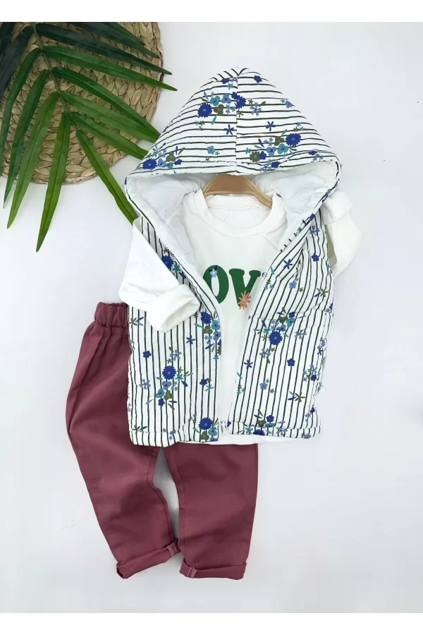 Luz&Pos 3-4-5-6 Yaş Kapşonlu Fermuarlı Çiçekli Şişme Yelek Sweat Pantolonlu 3lü Kız Erkek Çocuk Takımı Yeşil