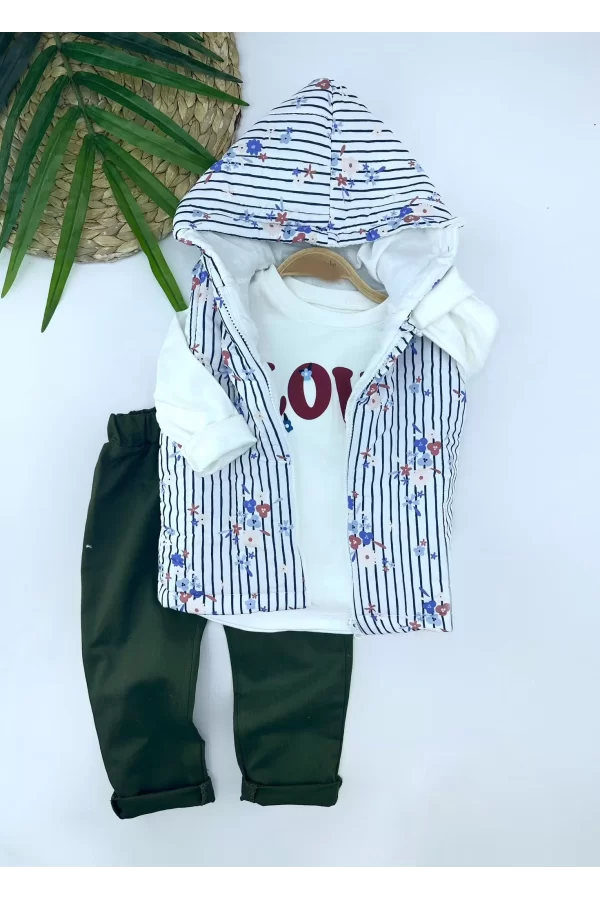Luz&Pos 3-4-5-6 Yaş Kapşonlu Fermuarlı Çiçekli Şişme Yelek Sweat Pantolonlu 3lü Kız Erkek Çocuk Takımı Mavi