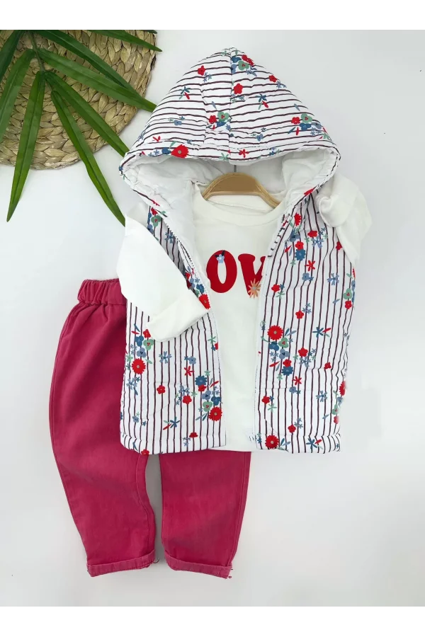 Luz&Pos 3-4-5-6 Yaş Kapşonlu Fermuarlı Çiçekli Şişme Yelek Sweat Pantolonlu 3lü Kız Erkek Çocuk Takımı Pembe