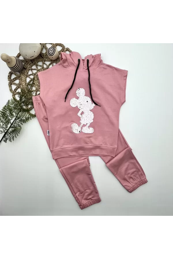 Luz&Pos 3-4-5 Yaş Kapşonlu Payetli Mickey Desenli Kısa Kol 2li Kız Erkek Çocuk Takımı Gül Kurusu