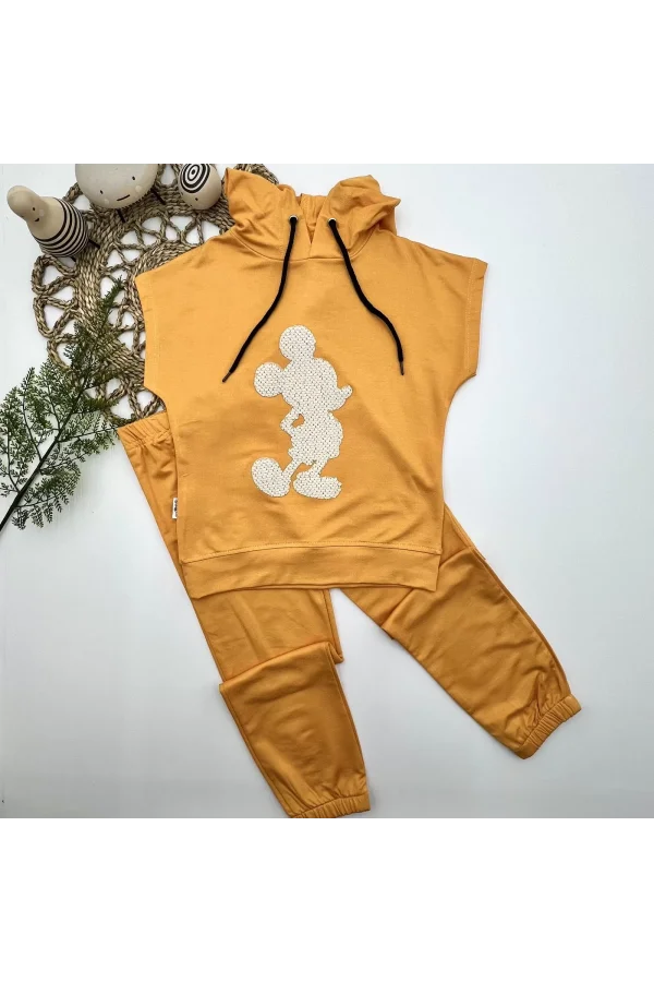 Luz&Pos 3-4-5 Yaş Kapşonlu Payetli Mickey Desenli Kısa Kol 2li Kız Erkek Çocuk Takımı Sarı