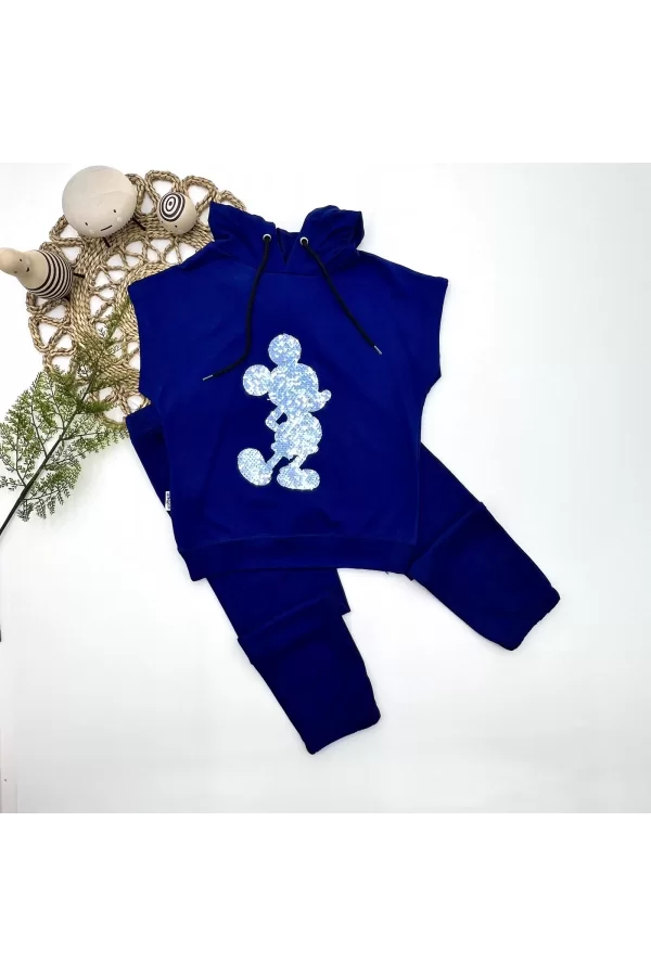 Luz&Pos 3-4-5 Yaş Kapşonlu Payetli Mickey Desenli Kısa Kol 2li Kız Erkek Çocuk Takımı Lacivert