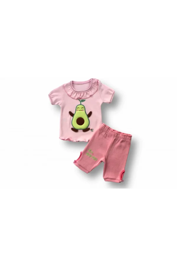 Luz&Pos 3-6 6-9 9-12 12-18 Ay Avokado Nakışlı Kısa Kollu Sweatli Şortlu 2li Kız-erkek Bebek Takımı Pembe