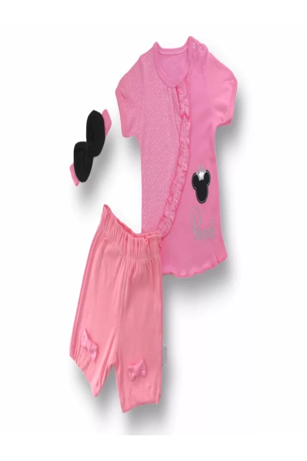 Luz&Pos 3-6 6-9 9-12 12-18 Ay Princess Taçlı Mickey Nakışlı Şort Tişört 3lü Kız Bebek Takımı Pembe