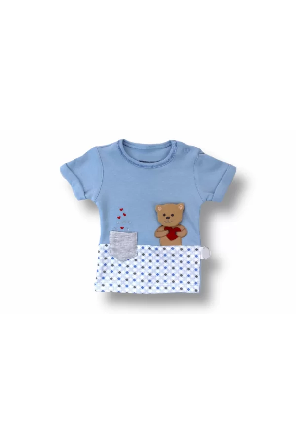 Luz&Pos 3-6 6-9 9-12 12-18 Ay Romantik Ayıcık Nakışlı Bandajlı Kısa Kollu Sweatli 3lü Kız-erkek Bebek Takımı Mavi