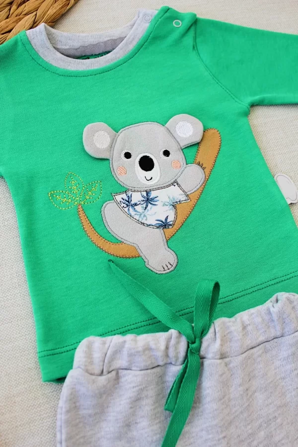 Luz&Pos 3-6 6-9 9-12 12-18 Ay Yavru Koala Nakışlı Uzun Kollu Sweat 2li Kız Erkek Bebek Takımı Yeşil