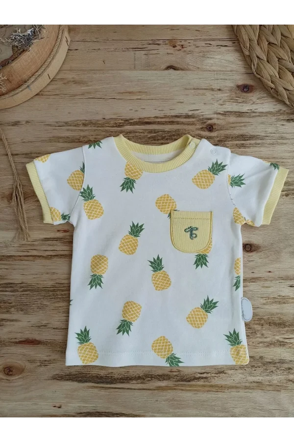 Luz&Pos 3-6 6-9 9-12 Ay Ananas Baskılı Şort Tişört 2 Li Kız Erkek Bebek Takımı Sarı