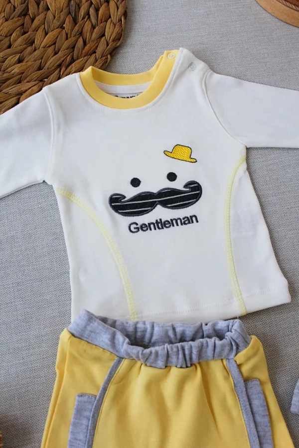 Luz&Pos 3-6 6-9 9-12 Ay Gentleman Erkek Nakışlı Şapkalı Uzun Kollu Sweat 3lü Erkek Bebek Takımı Sarı
