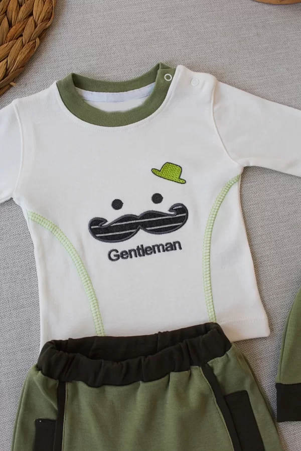 Luz&Pos 3-6 6-9 9-12 Ay Gentleman Erkek Nakışlı Şapkalı Uzun Kollu Sweat 3lü Erkek Bebek Takımı Yeşil