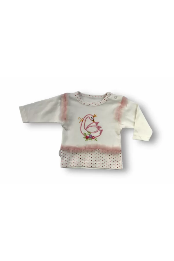 Luz&Pos 3-6 6-9 9-12 Ay Kraliçe Kuğu Nakışlı Bandajlı Uzun Kollu Sweatli 3lü Kız Bebek Takımı Ekru