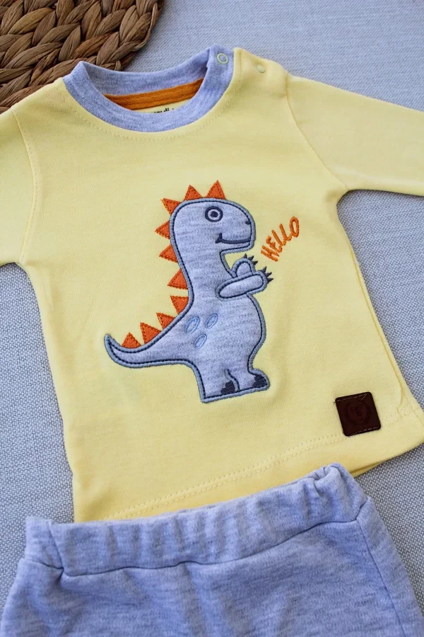 Luz&Pos 3-6 6-9 9-12 Ay Minik Dino Nakışlı Şapkalı Uzun Kollu Sweat 3lü Kız-erkek Bebek Takımı Sarı