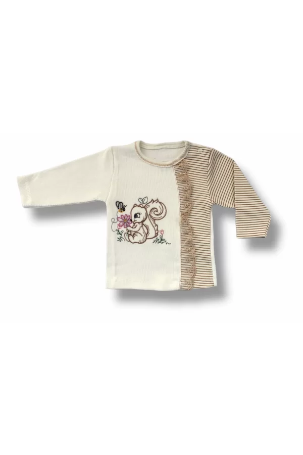 Luz&Pos 3-6 6-9 9-12 Ay Minik Sincap Nakışlı Şapkalı Uzun Kollu Sweatli 3lü Kız Bebek Takımı Kahverengi