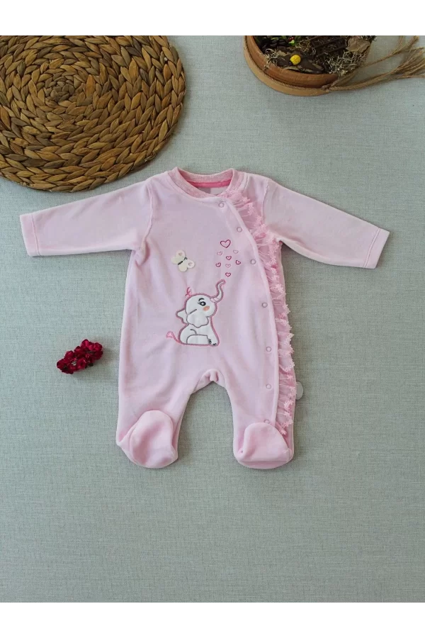 Luz&Pos 3-6 6-9 9-12 Ay Romantik Fil Nakışlı Pembe Süslü Kız Bebek Tulumu Pembe