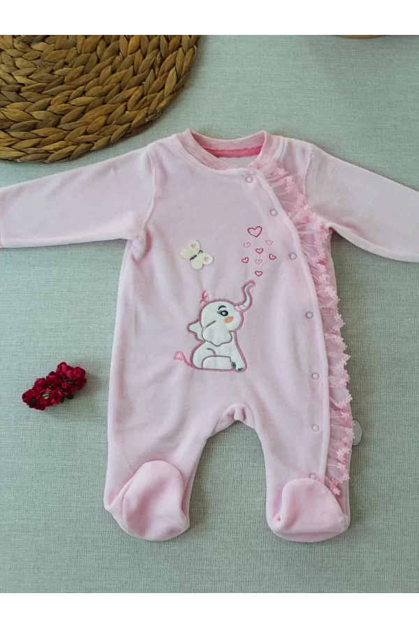 Luz&Pos 3-6 6-9 9-12 Ay Romantik Fil Nakışlı Pembe Süslü Kız Bebek Tulumu Pembe