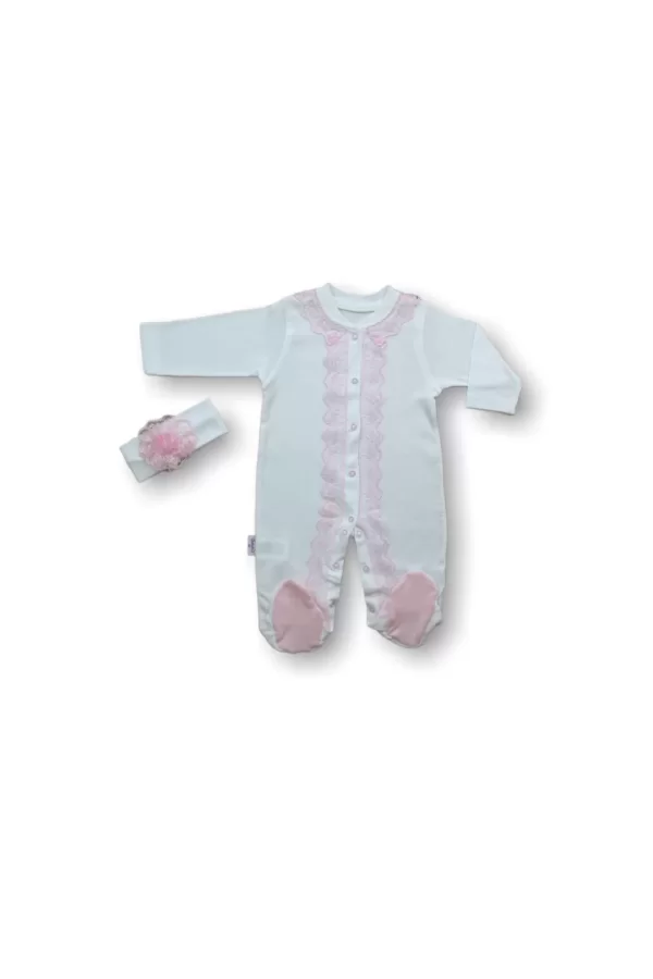 Luz&Pos 3-6 6-9 Ay Dantelli Boydan Çıtçıtlı Bandanalı Patikli Uzun Kollu Kız Bebek Tulumu Ekru