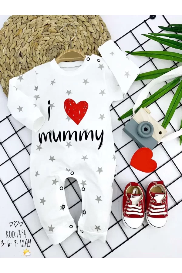 Luz&Pos 3-6-9-12 Ay Gümüş Yıldız I Love Mummy Baskılı Uzun Kollu Kız Erkek Bebek Tulumu Beyaz