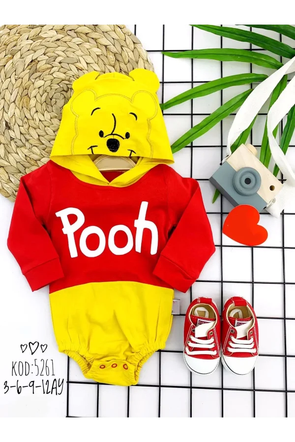 Luz&Pos 3-6-9-12 Ay Kapşonlu Pooh Desenli Uzun Kollu Kız Erkek Bebek Bady &zıbın Kırmızı