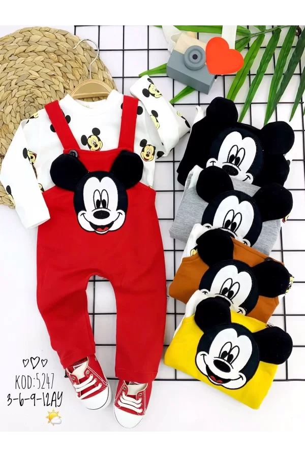 Luz&Pos 3-6-9-12 Ay Mickey Figürlü Uzun Kollu Baskılı Sweatli 2li Kız Erkek Bebek Salopet Takımı Kırmızı
