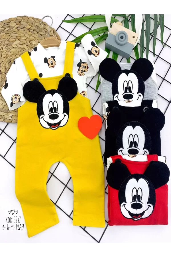 Luz&Pos 3-6-9-12 Ay Mickey Figürlü Uzun Kollu Baskılı Sweatli 2li Kız Erkek Bebek Salopet Takımı Siyah
