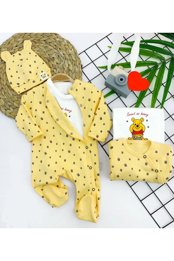 Luz&Pos 3-6-9-12 Ay Pooh Desenli Şapkalı Sweatli 3lü Kız Erkek Bebek Tulum Sarı