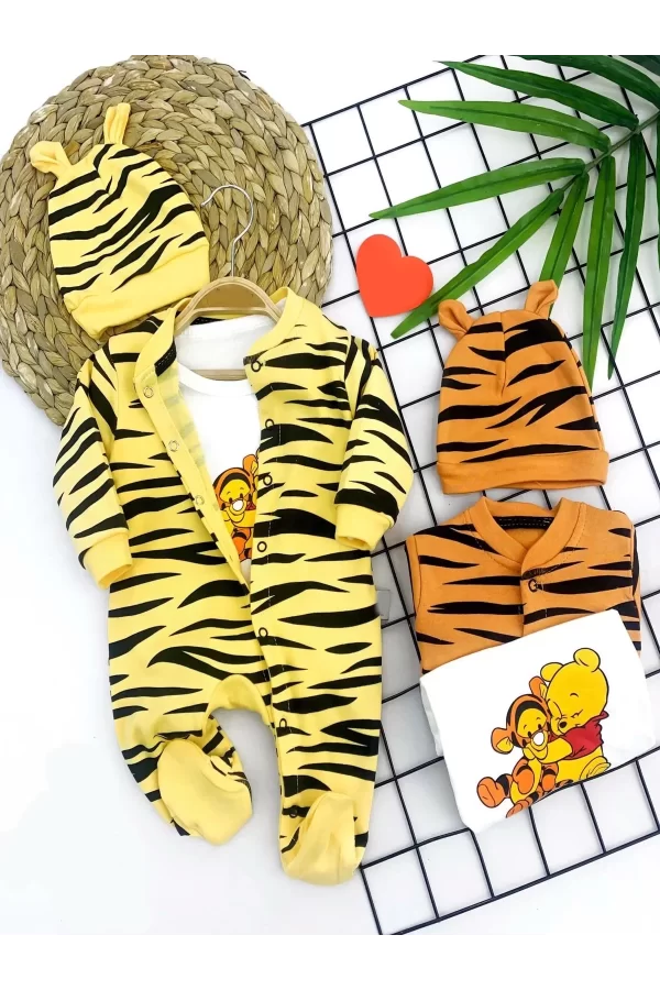 Luz&Pos 3-6-9-12 Ay Pooh Desenli Zebra Çizgili Şapkalı Sweatli 3lü Kız Erkek Bebek Tulumu(sarı) Sarı
