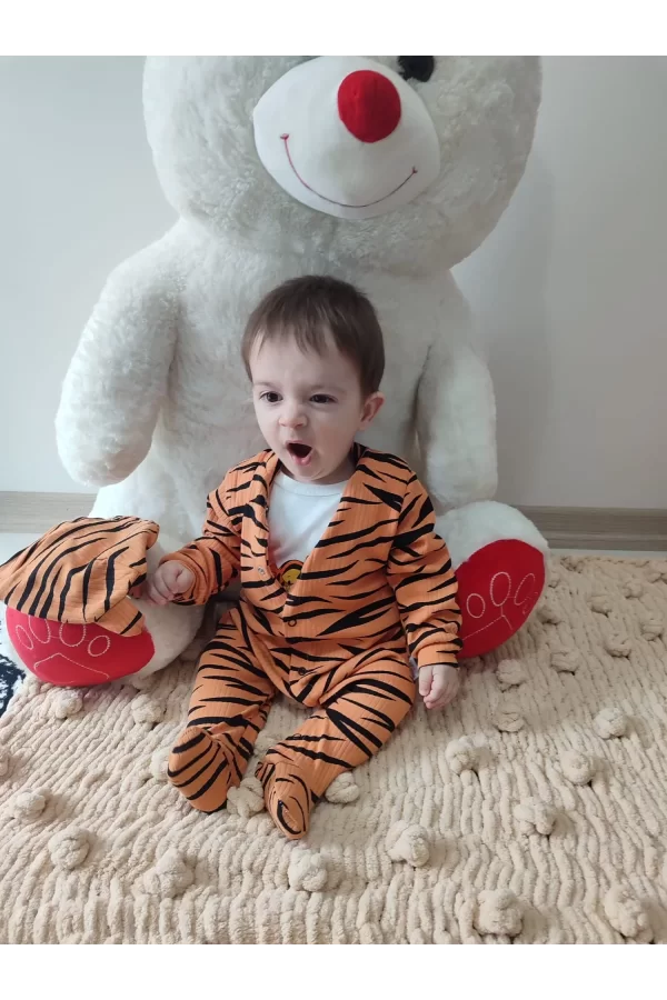 Luz&Pos 3-6-9-12 Ay Pooh Desenli Zebra Çizgili Şapkalı Sweatli 3lü Kız Erkek Bebek Tulumu(sarı) Sarı