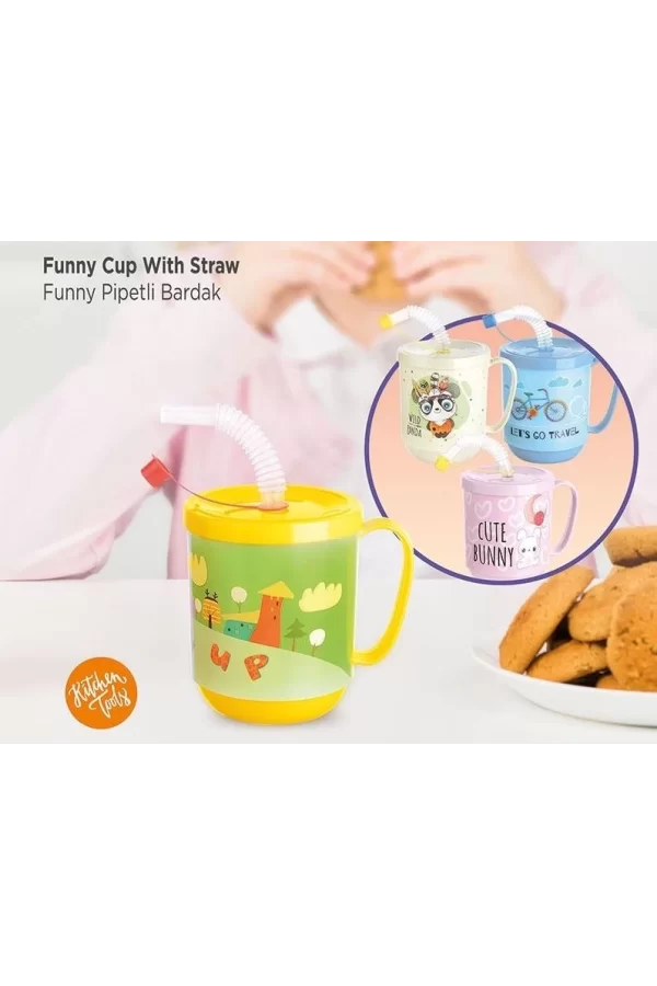 3 Adet Pipetli Çocuk Içecek Bardağı Desenli Bardak 350ml