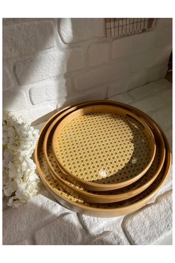 3lü Bambu Hazeran Yuvarlak Tepsi Seti 30 - 35 - 40 Cm 3 Boy