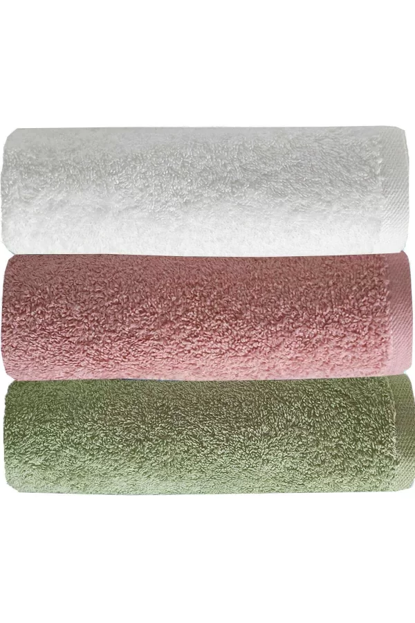 3 lü Düz Renk El Yüz Havlu Seti &#37;100 Pamuklu 50x90 Cm Yeşil Gül Beyaz