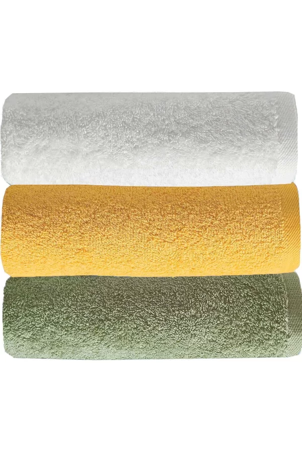 3 lü Düz Renk El Yüz Havlu Seti &#37;100 Pamuklu 50x90 Cm Yeşil Sarı Beyaz