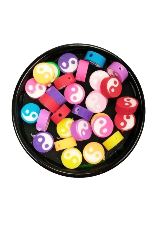 30 Adet 10 mm Polimer Kil Fimo Boncuk Takı Bileklik + 1 Metre Lastikli Misina Hediye - Renkli Yin Yang