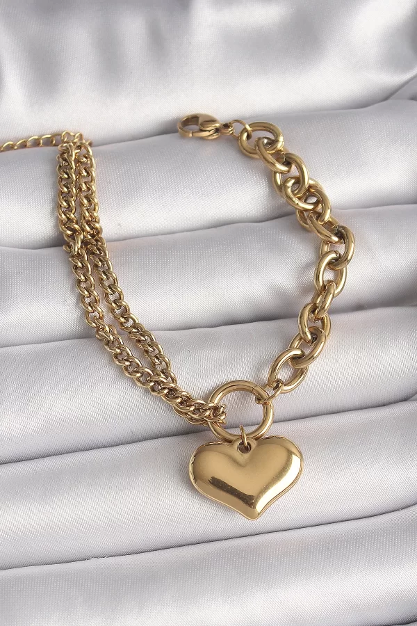 316L Çelik Gold Renk 2Li Zincir Model Kalp Figür Kadın Bileklik