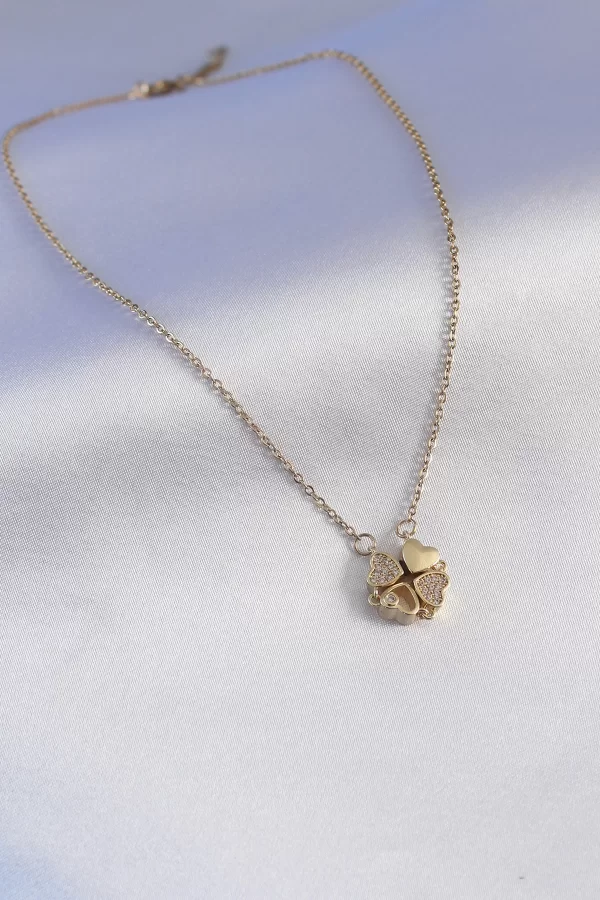 316L Çelik Gold Renk Açılır Yonca Model Zirkon Taşlı Kadın Kolye
