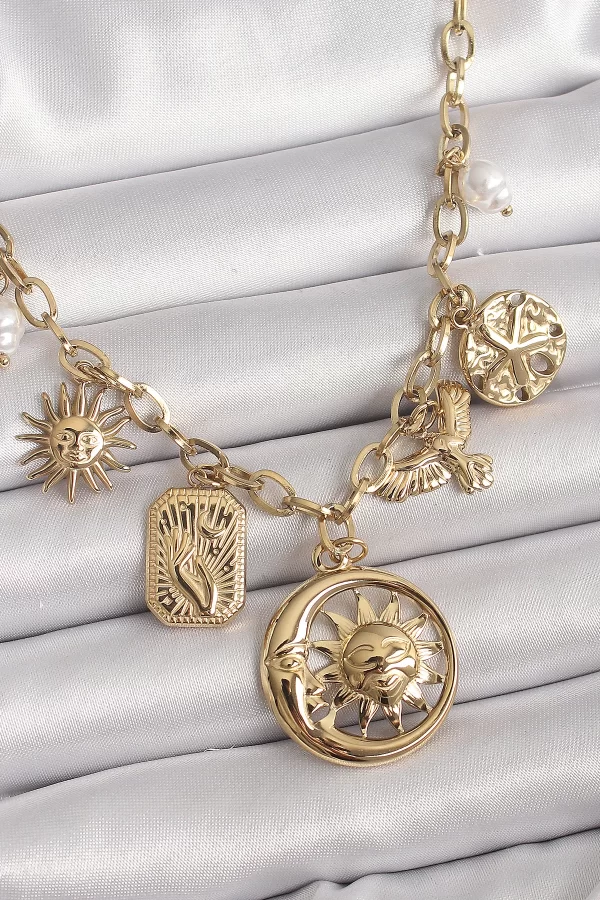 316L Çelik Gold Renk Halka Zincir Sallantı Ay Güneş Figür Kuş Detay Kadın Kolye