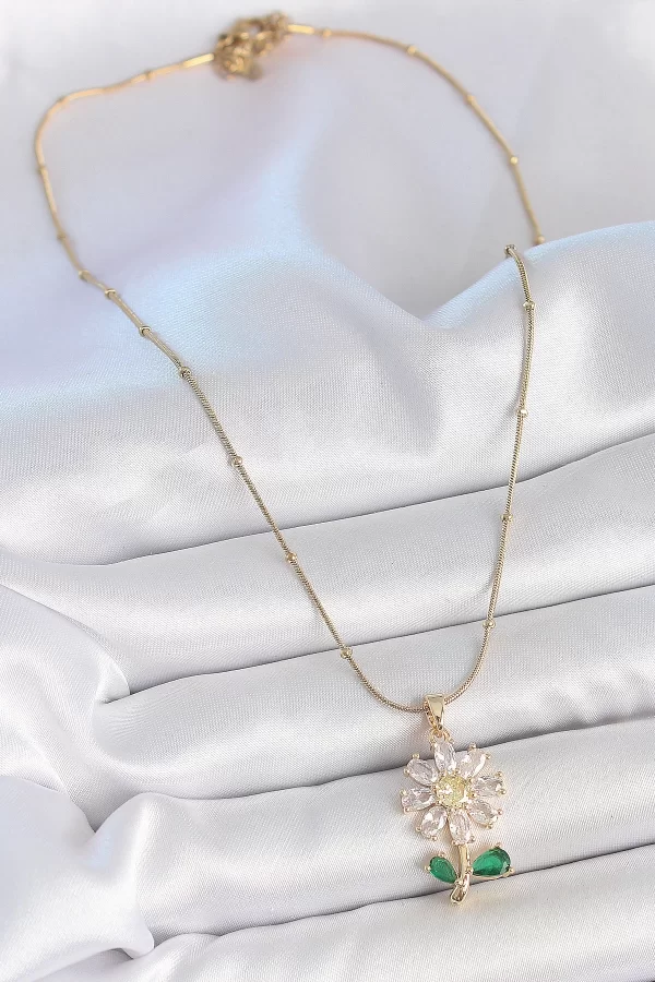 316L Çelik Gold Renk Minimal Topçuk Zincir Zirkon Taşlı Papatya Model Kadın Kolye