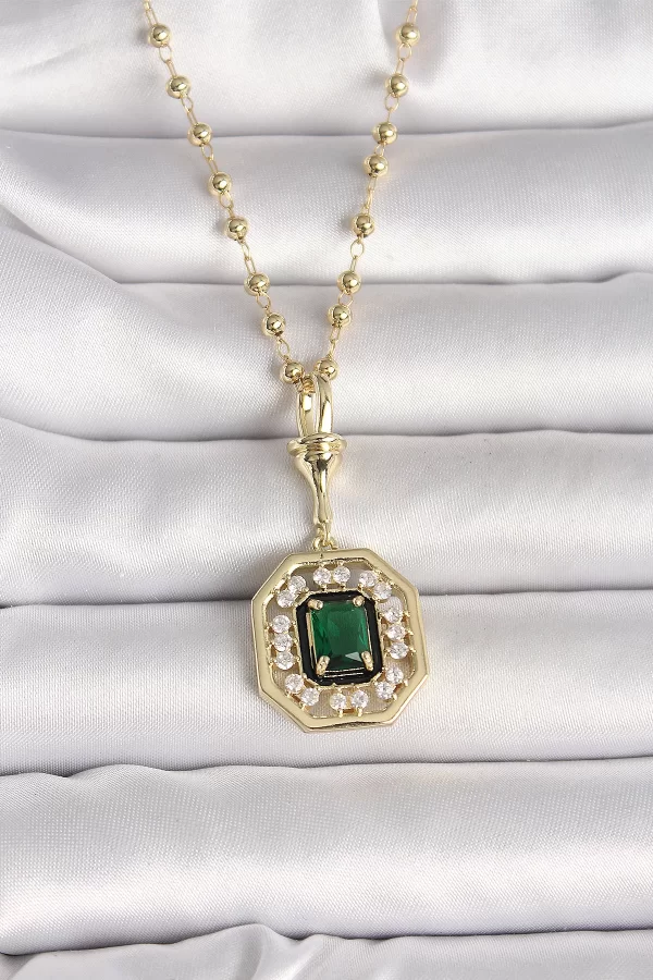 316L Çelik Gold Renk Topçuk Zincir Yeşil Taşlı Seranay Model Kadın Kolye